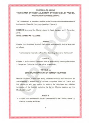 PROTOCOL OF AMEND THE CHARTER OF THE ESTABLISHMENT OF THE COUNCIL OF PALM OIL PRODUCING COUNTRIES (CPOPC)