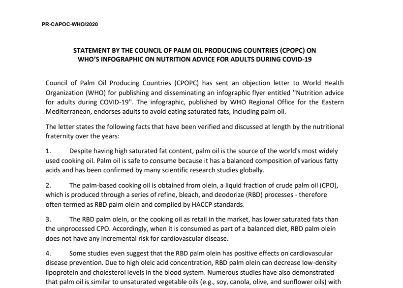 PRESS RELEASE: STATEMENT BY THE COUNCIL OF PALM OIL PRODUCING COUNTRIES (CPOPC) ON WHOï¿½S INFOGRAPHIC ON NUTRITION ADVICE FOR ADULTS DURING COVID-19