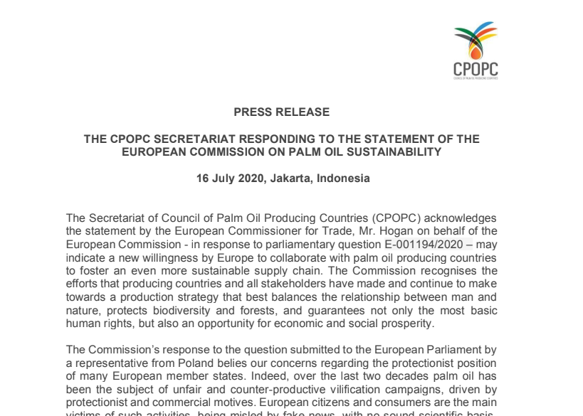 PRESS RELEASE: THE CPOPC SECRETARIAT RESPONDING TO THE STATEMENT OF THE EUROPEAN COMMISSION ON PALM OIL SUSTAINABILITY