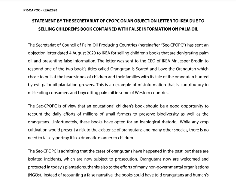 PRESS RELEASE: STATEMENT BY THE SECRETARIAT OF CPOPC ON AN OBJECTION LETTER TO IKEA DUE TO SELLING CHILDRENï¿½S BOOK CONTAINED WITH FALSE INFORMATION ON PALM OIL